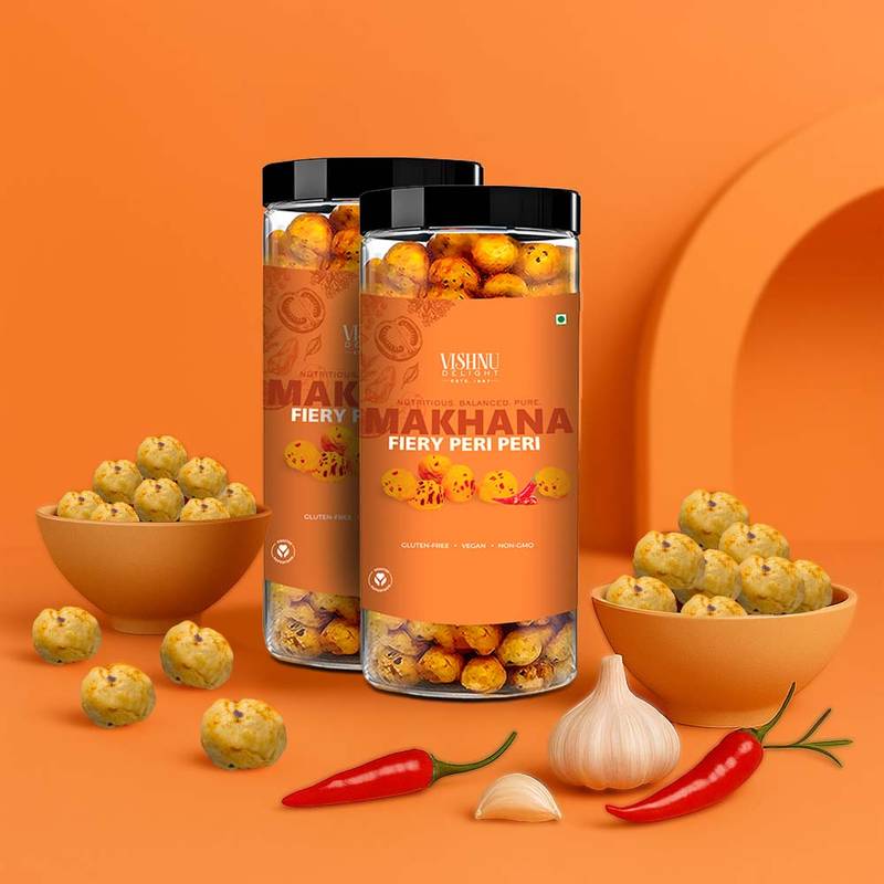 Healthy peri peri roasted makhana snack jar packed with fiery flavors