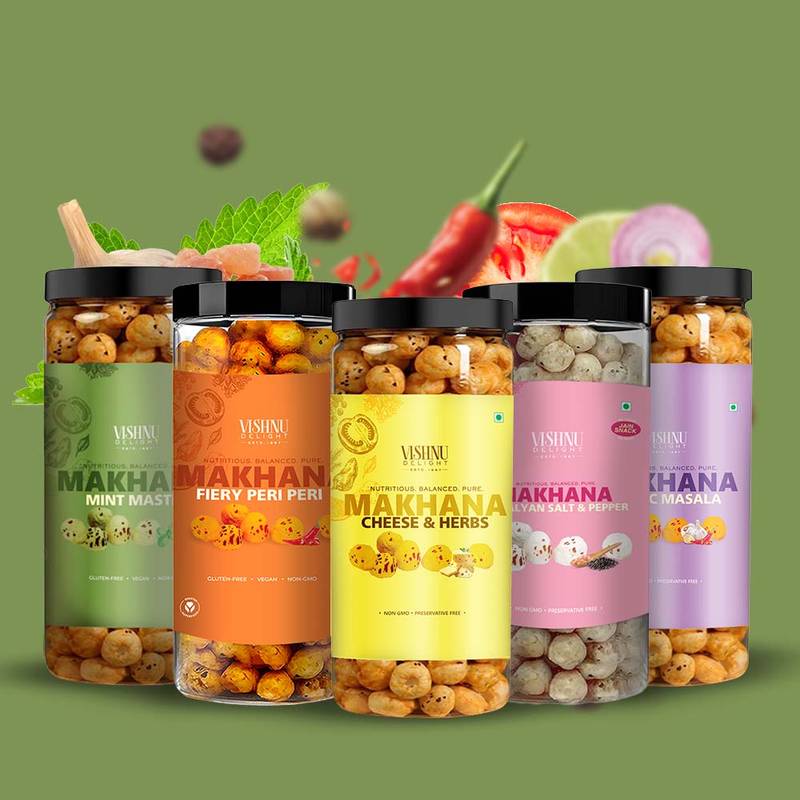 Healthy roasted makhana combo 5 flavors – Peri Peri, Mint, Himalayan Salt, Magic Masala, Cheese N Herbs