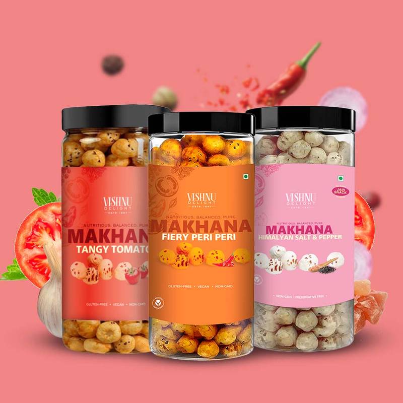 Healthy Organic Makhana Combo Snacks – 3 Flavors Peri Peri Makhana| Tomato Salt Pepper