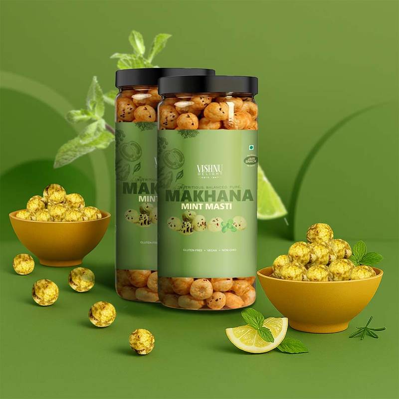 Vishnu Delight mint flavored roasted fox nuts for guilt free munching | Pudina Flavoured Makhana